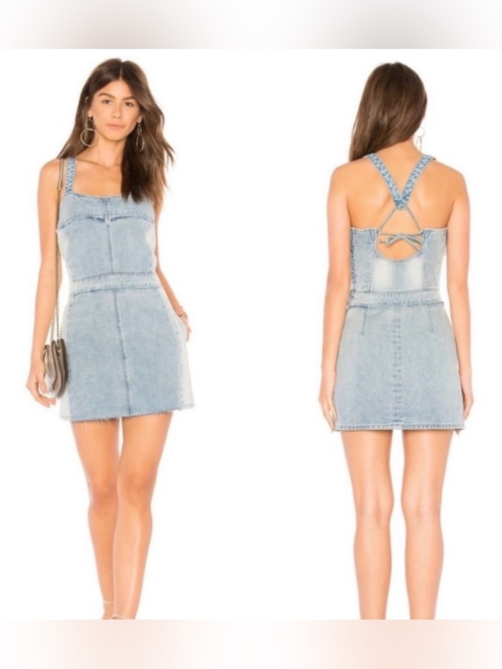 Light Wash Denim Pinafore Mini Dress with Frayed Waist